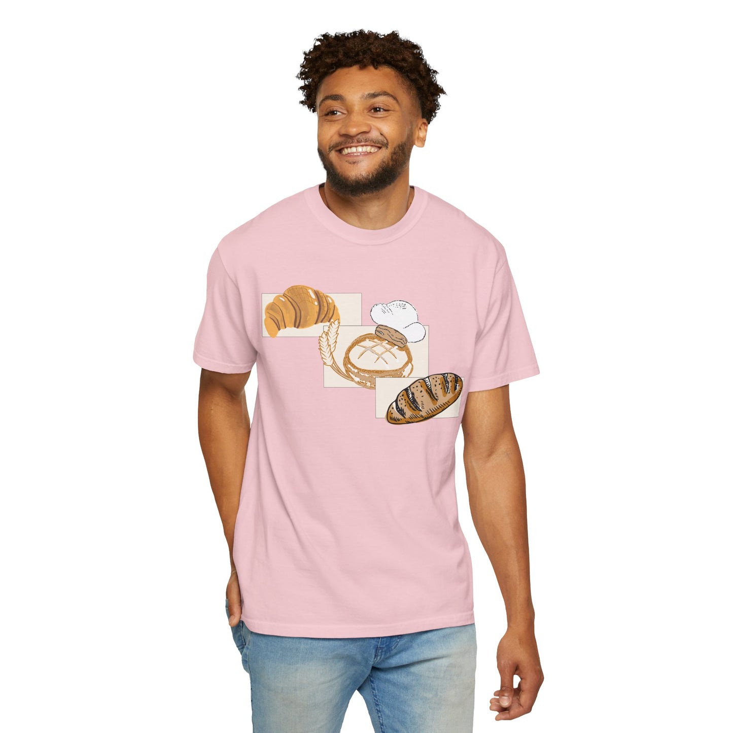 Artisan bread collage shirt with steaming loaves, croissants, and baguette illustration