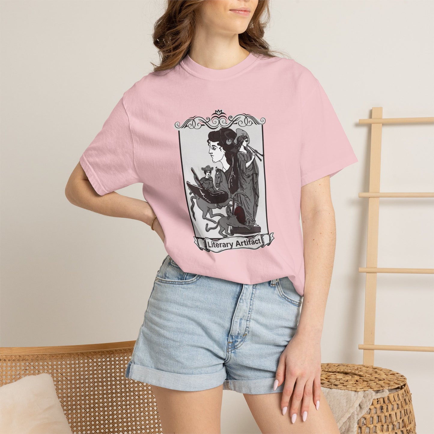 Book nerd shirt outfit inspiration with the Literary Artifact tee paired with earth tone accessories and a canvas tote
