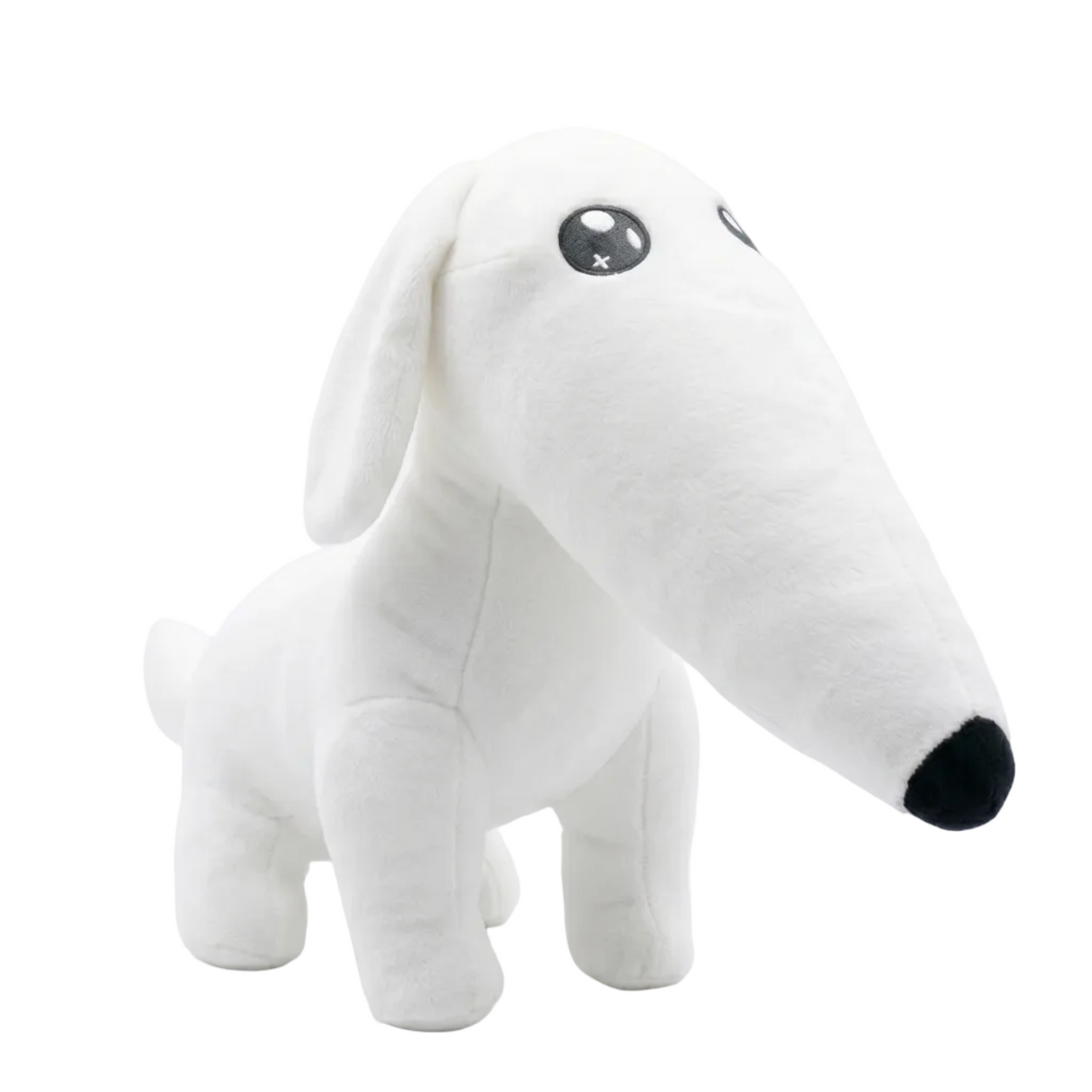 Borzoi dog plush toy sitting upright on wooden shelf