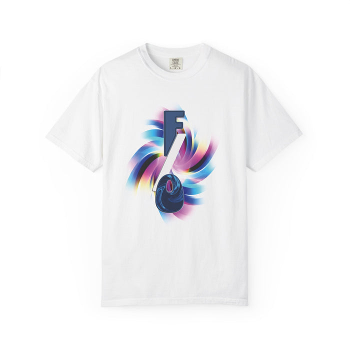 F/O Vortex Tee front view, bold fictional other graphic on black garment-dyed heavyweight tee
