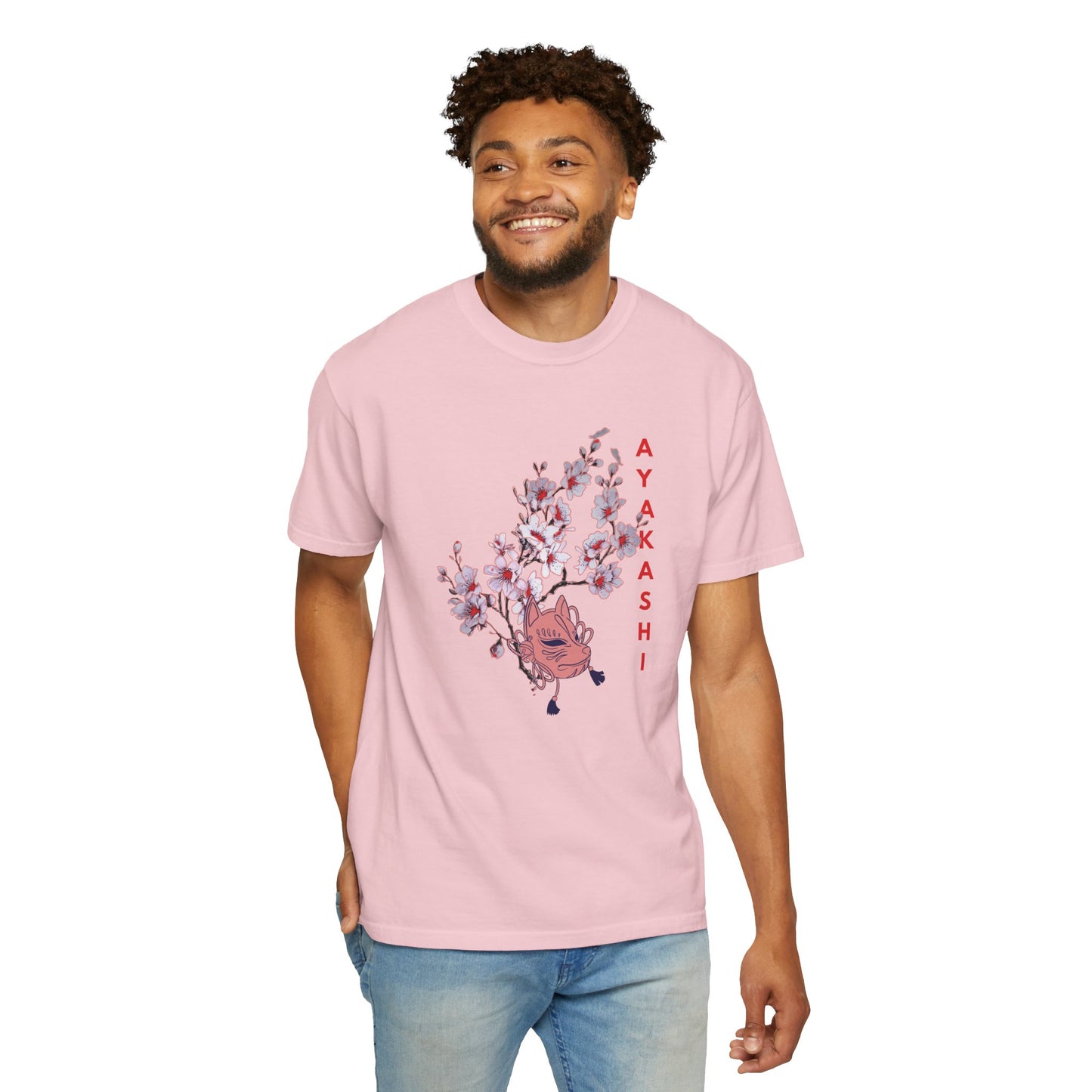 Garment-dyed heavyweight tee with AYAKASHI lettering and cherry blossom sweep design
