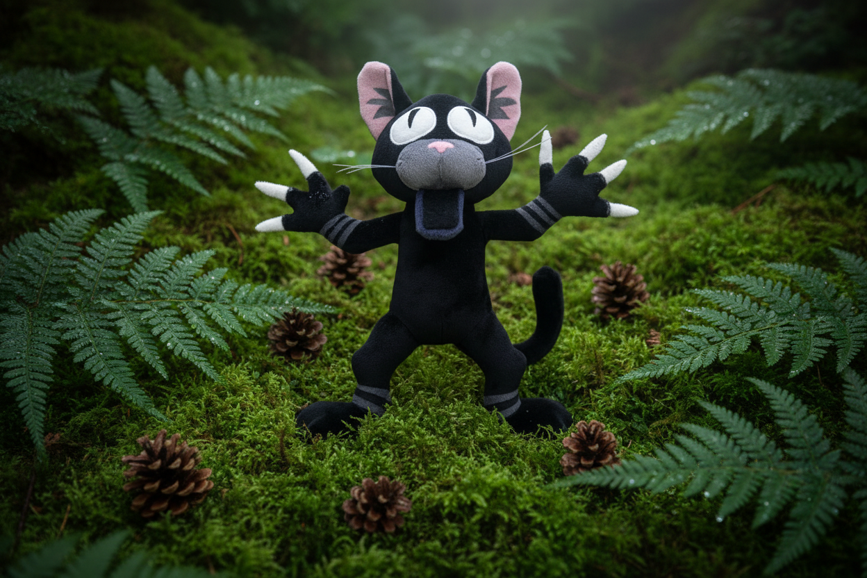 Handmade black cat plush with a tiny seasonal sweater accessory.