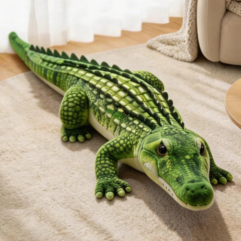 Handmade crocodile plushie in gray, oversized stuffed toy close-up showing soft PP cotton texture