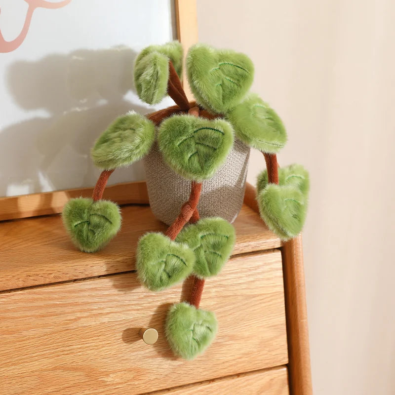 Houseplant stuffed toy pothos trailing vine poseable display on floating wooden wall shelf