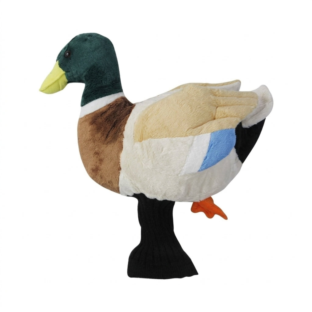 Mallard plush toy sitting upright showing green plumage top view