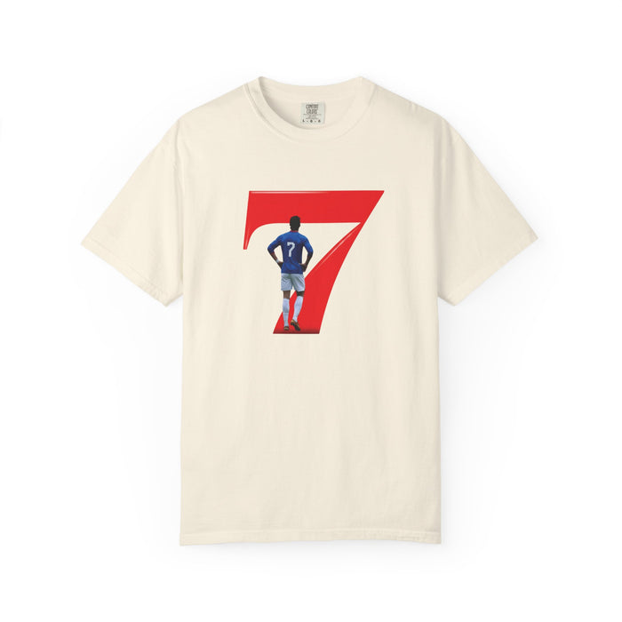 No.7 celebration tee front view with red number 7 print