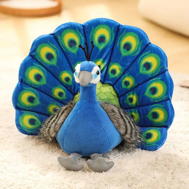 Peacock room decor plush displayed on wooden shelf