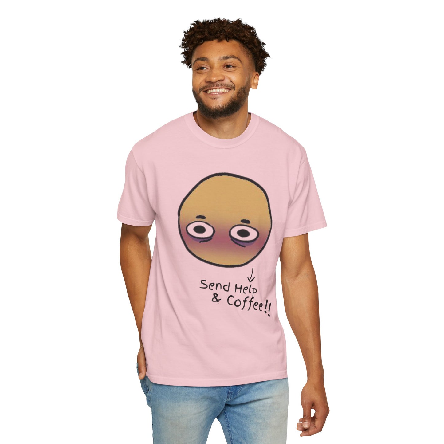 Relatable meme t-shirt gift wrapped flat lay for coffee addict friend