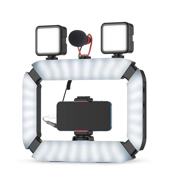 The portable photoshoot camera light with all cold shoes in use