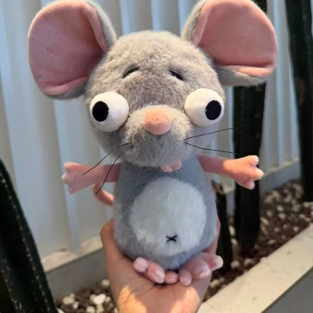 Ugly-cute meme plush mouse with wide staring eyes, full body shot on white background
