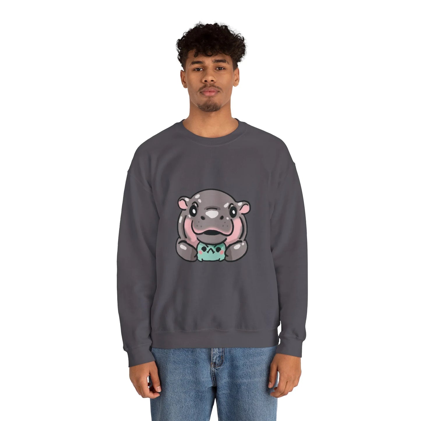 Unisex Moo Deng baby hippo crewneck sweatshirt multiple sizes stacked
