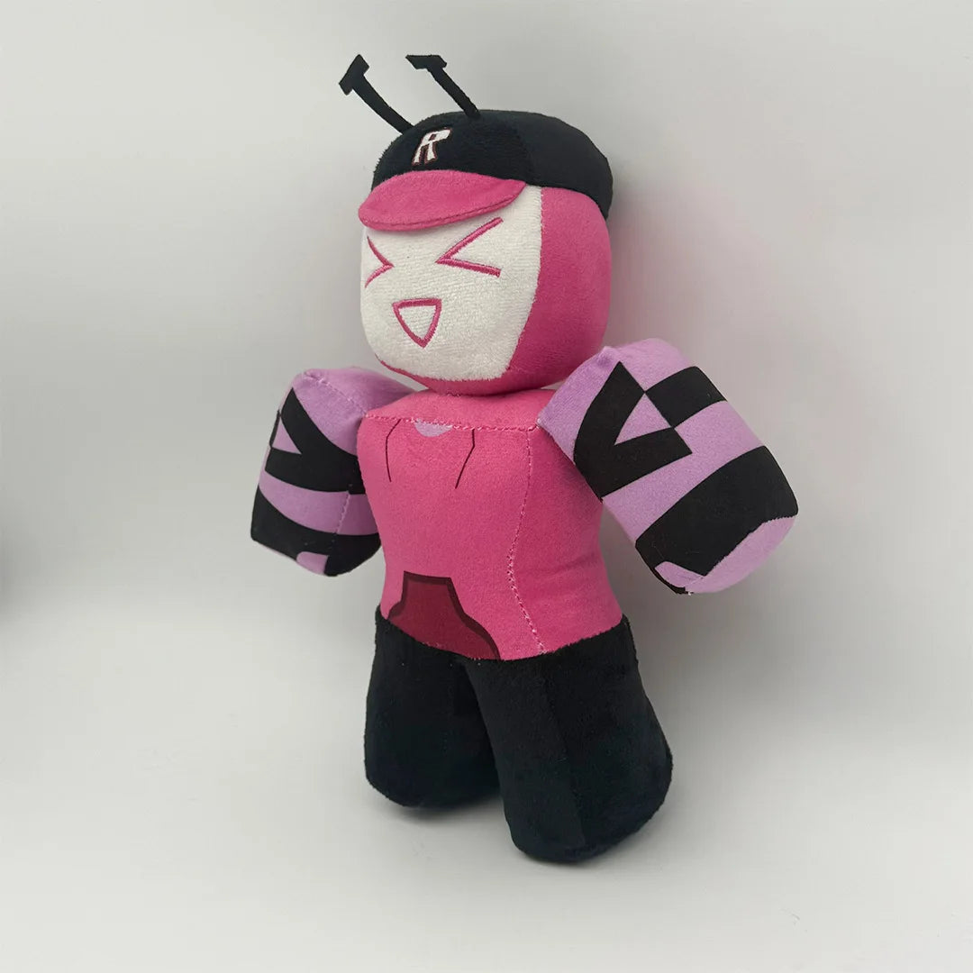 Veer plush close-up detail of pink television head and red hoodie plush fabric