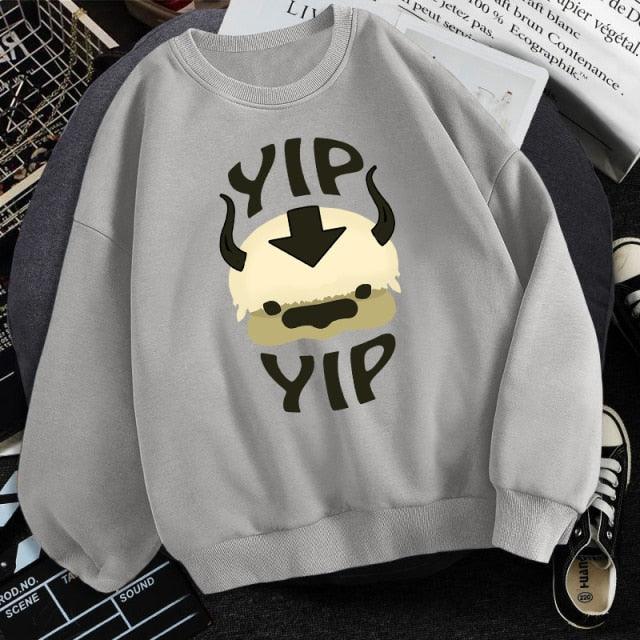 Close up print detail on Yip Yip sweatshirt designed by Aprasi