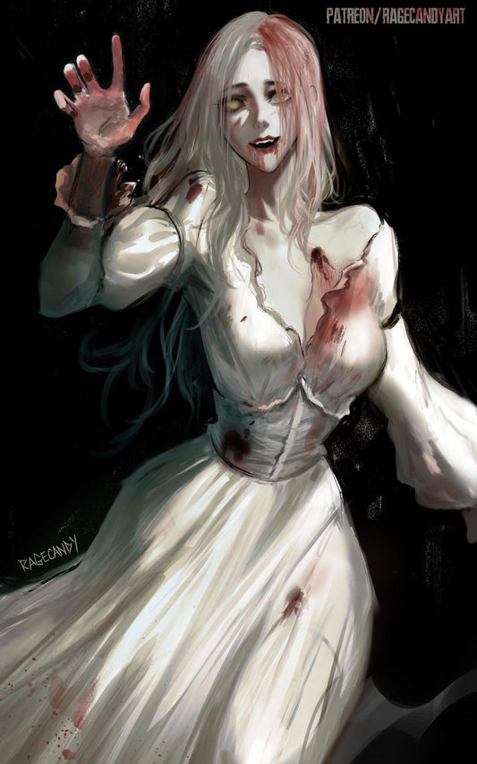 Selena Corey singing zombie Resident Evil Requiem tattered gown gothic horror character design