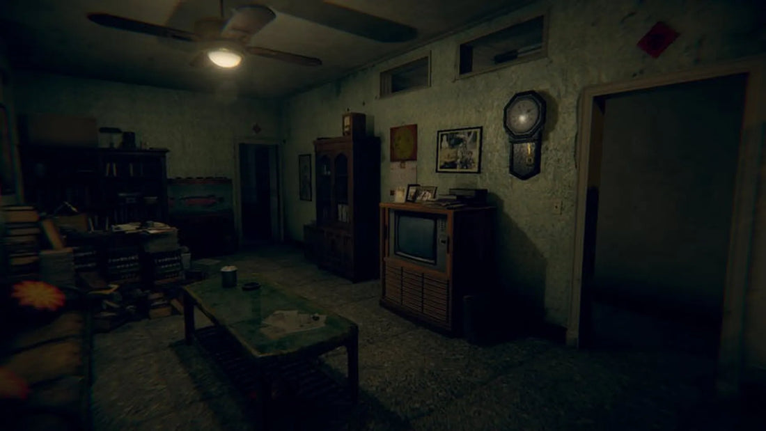 dark atmospheric horror gaming setup with glowing screen and psychological tension