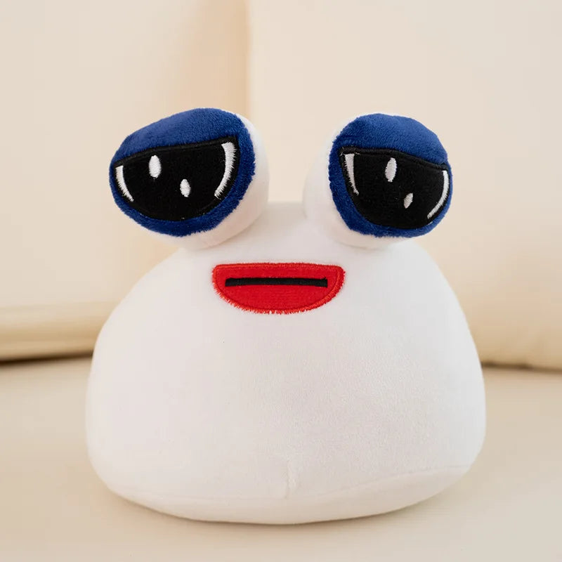 13cm small Sad Pou plushie next to a standard coffee mug for size reference