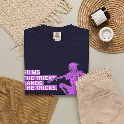 Skateboarder Graphic T‑Shirt – "Films, The Tricks" Retro Purple Skate Tee
