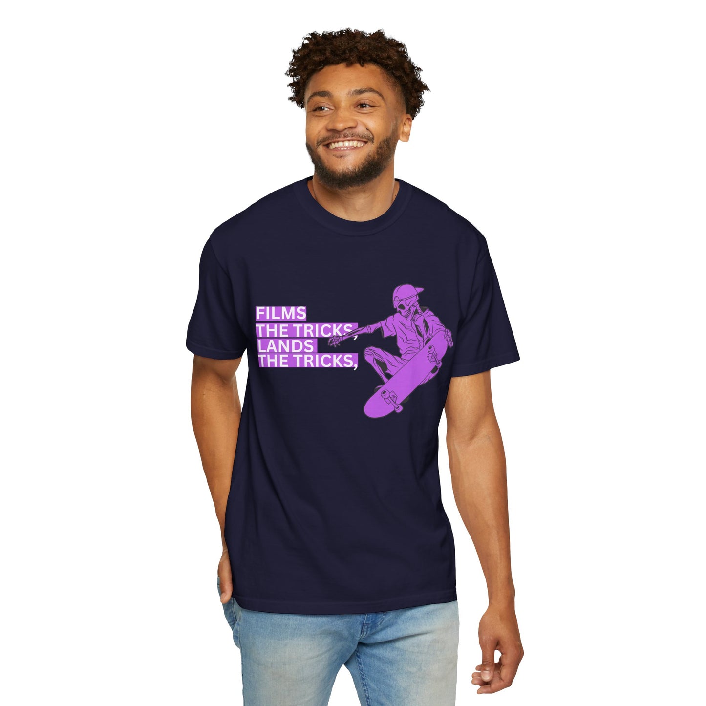 Skateboarder Graphic T‑Shirt – "Films, The Tricks" Retro Purple Skate Tee