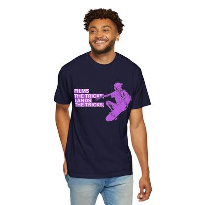 Skateboarder Graphic T‑Shirt – "Films, The Tricks" Retro Purple Skate Tee