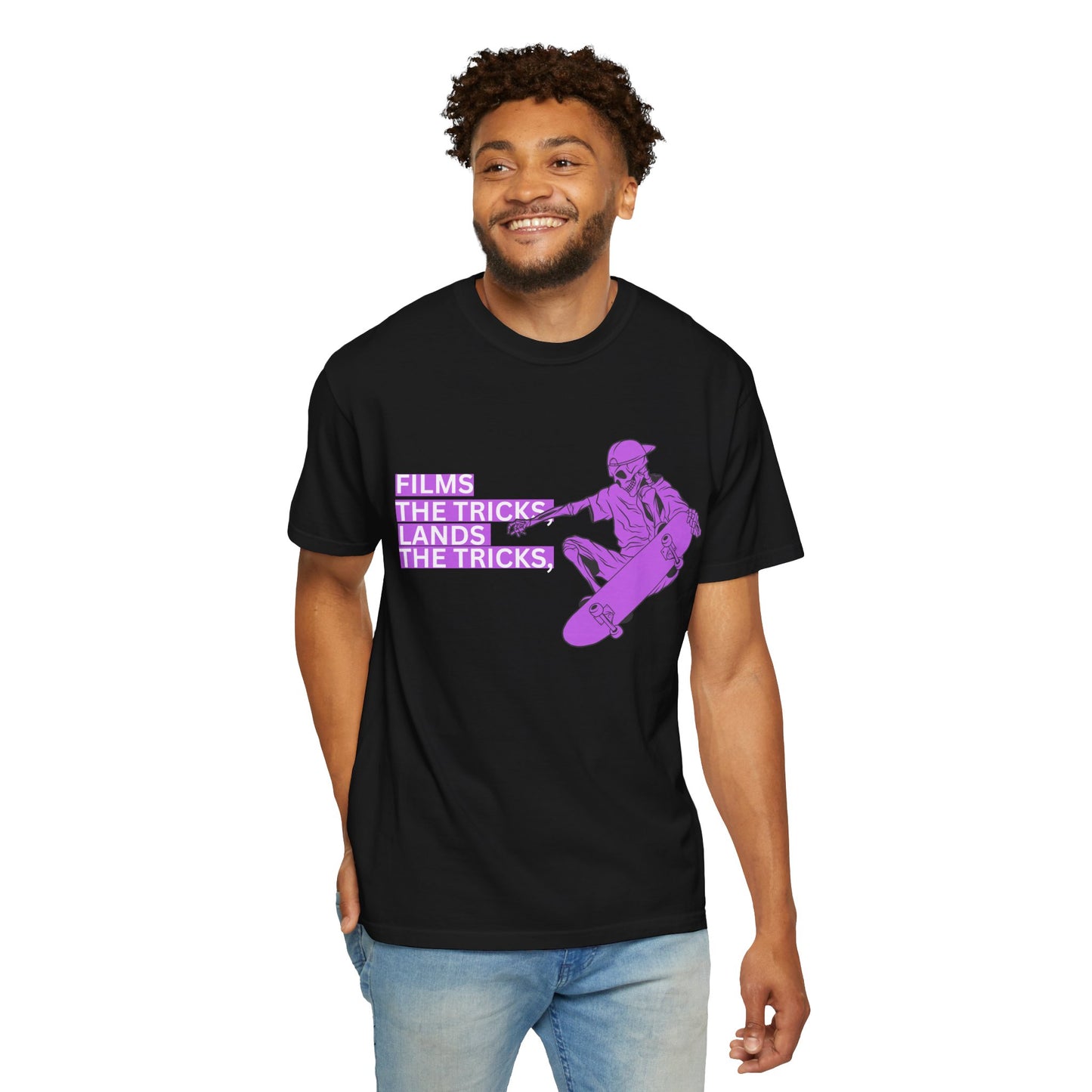 Skateboarder Graphic T‑Shirt – "Films, The Tricks" Retro Purple Skate Tee