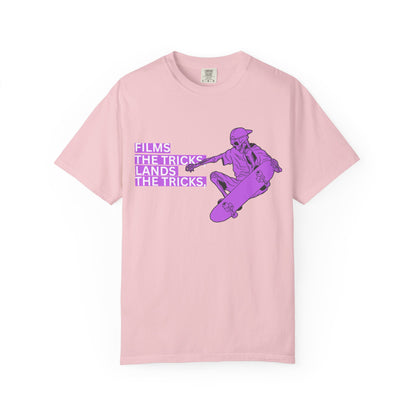 Skateboarder Graphic T‑Shirt – "Films, The Tricks" Retro Purple Skate Tee