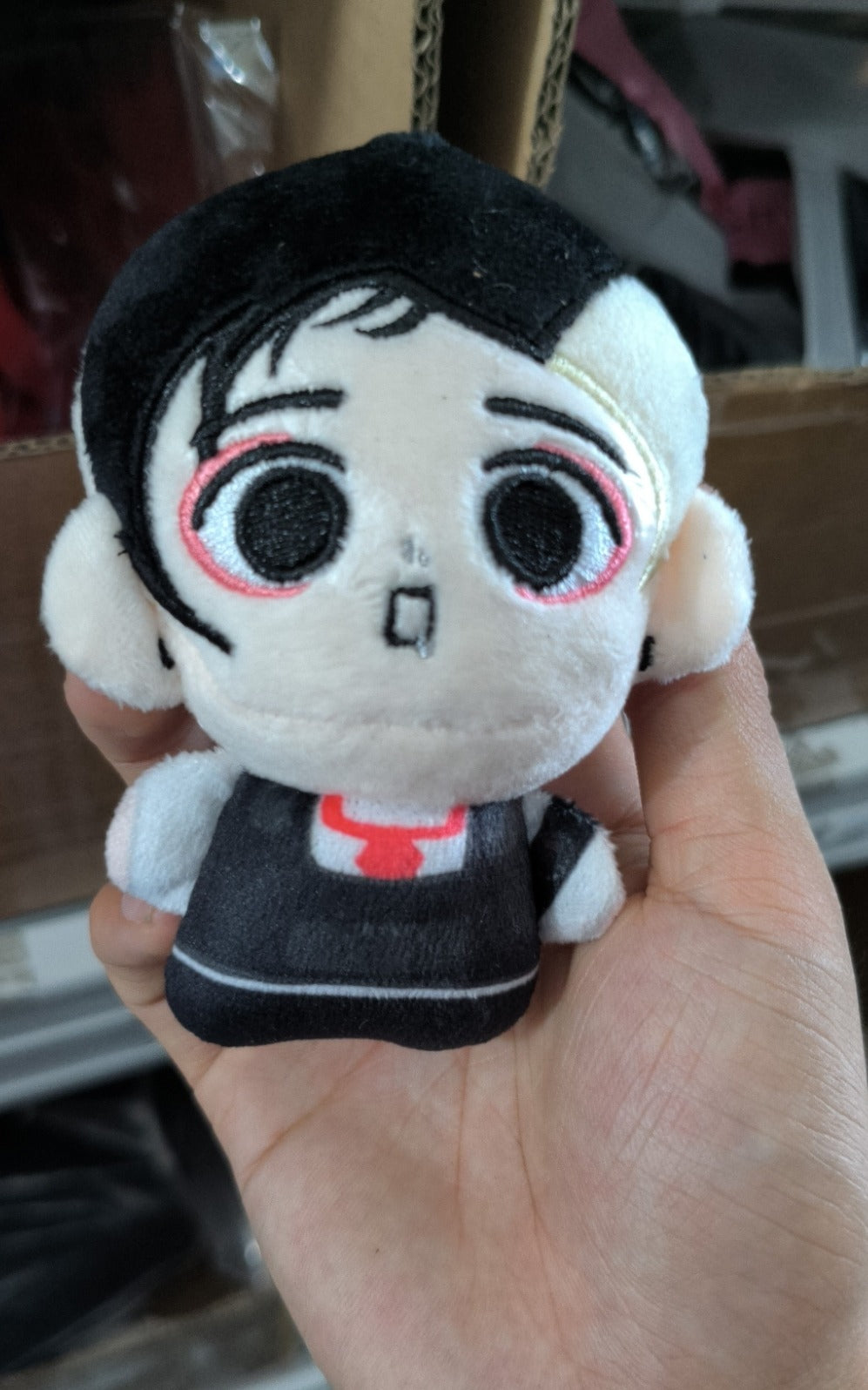 15cm emo-rock bassist plush collectible doll in black and red Three Cheers era styling with detailed embroidery