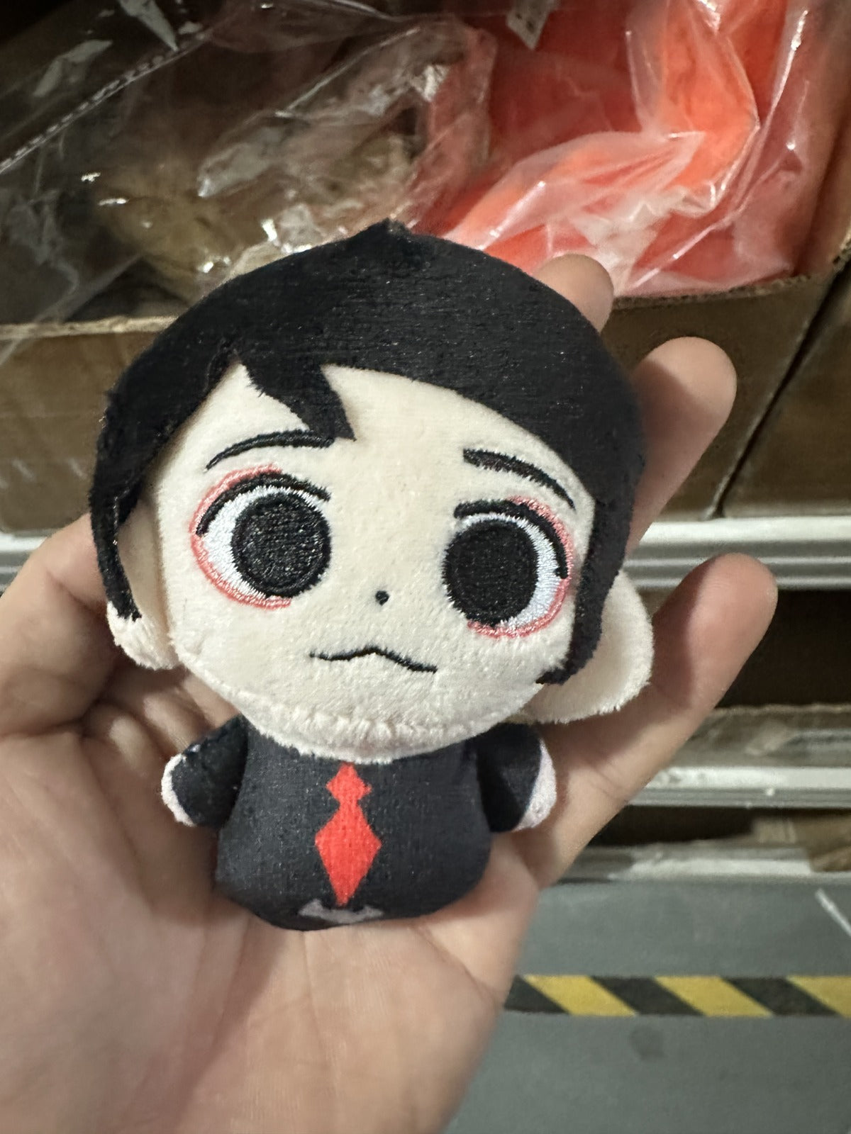 15cm emo-rock lead vocalist plush doll in Three Cheers for Sweet Revenge era outfit with red tie and pale complexion