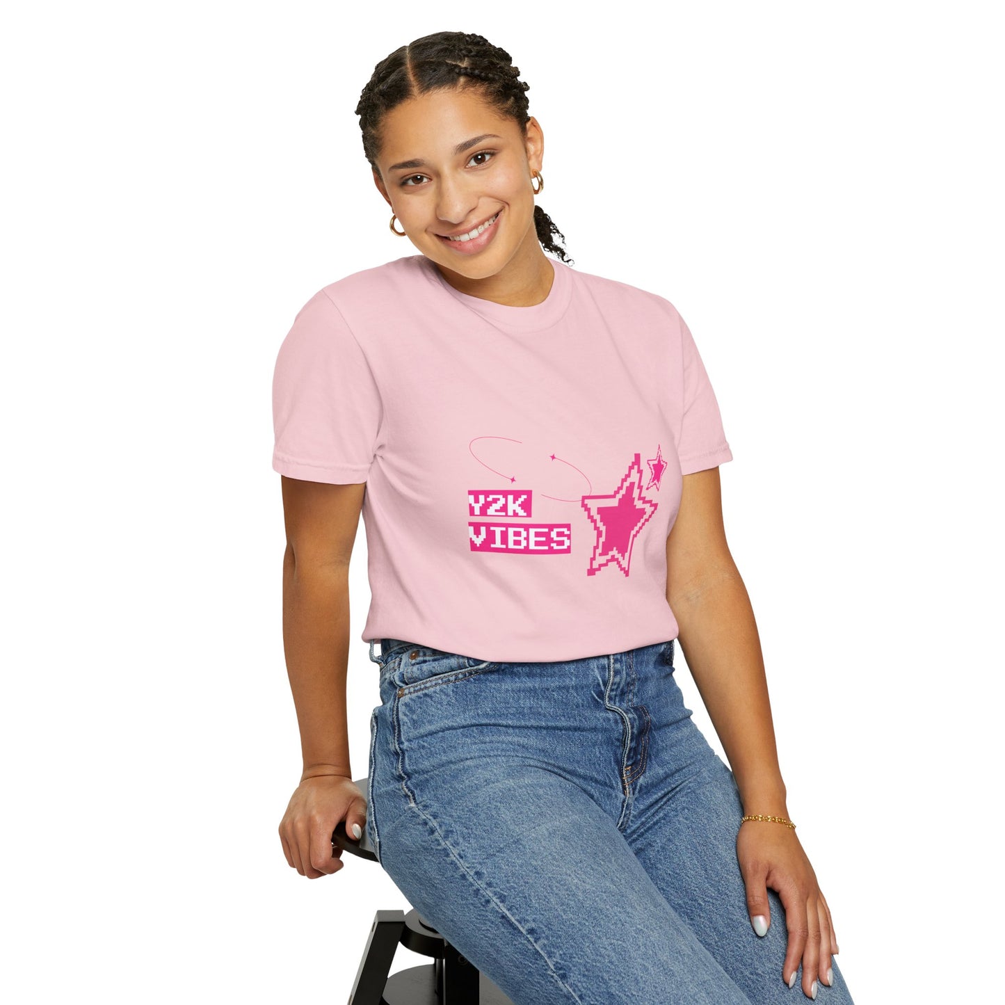Y2K Vibes T-Shirt | Pixel Art Retro Graphic Tee | Hot Pink Sparkle Stars | Y2K Aesthetic Shirt