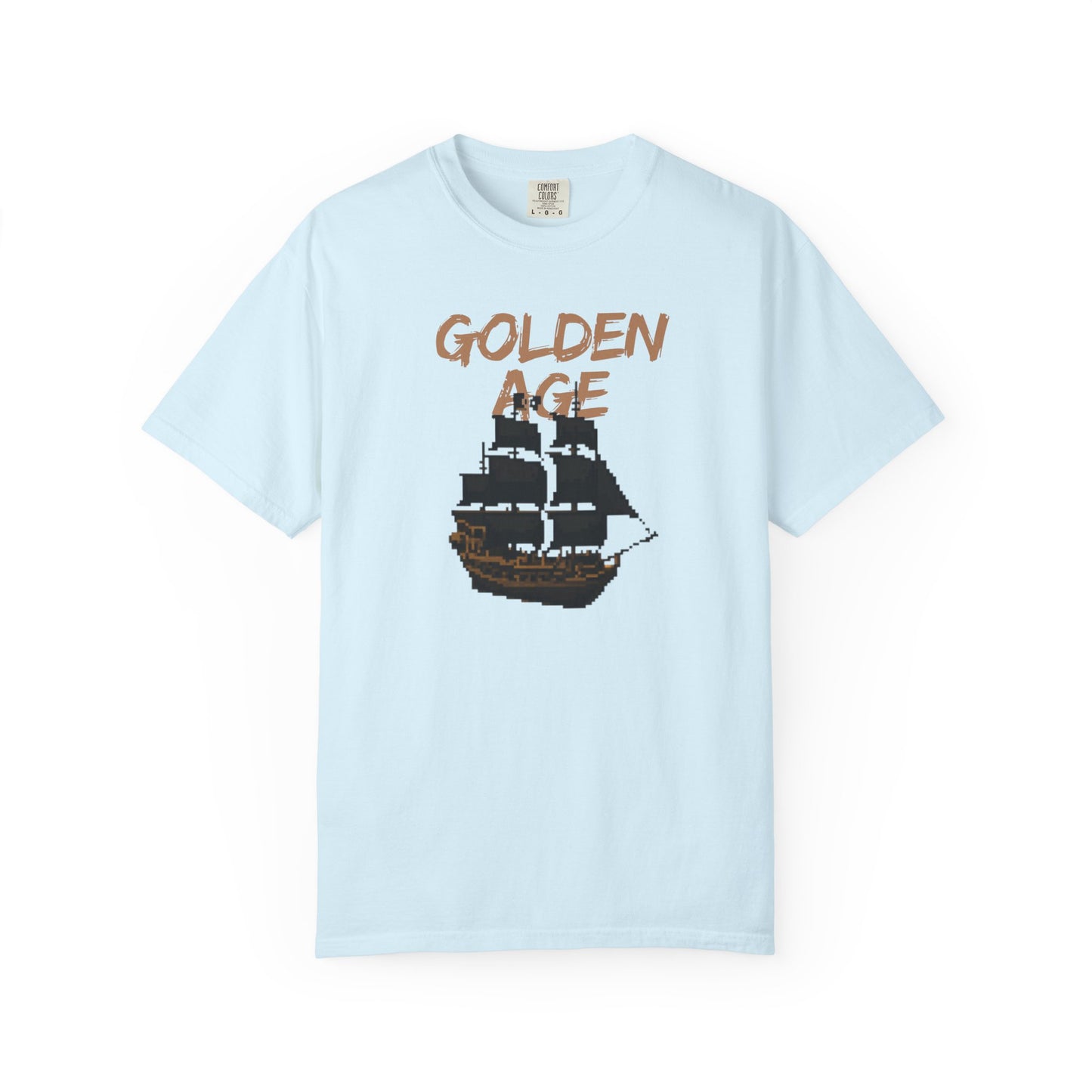 16 bit gaming shirt with pixelated galleon design and golden age distressed print
