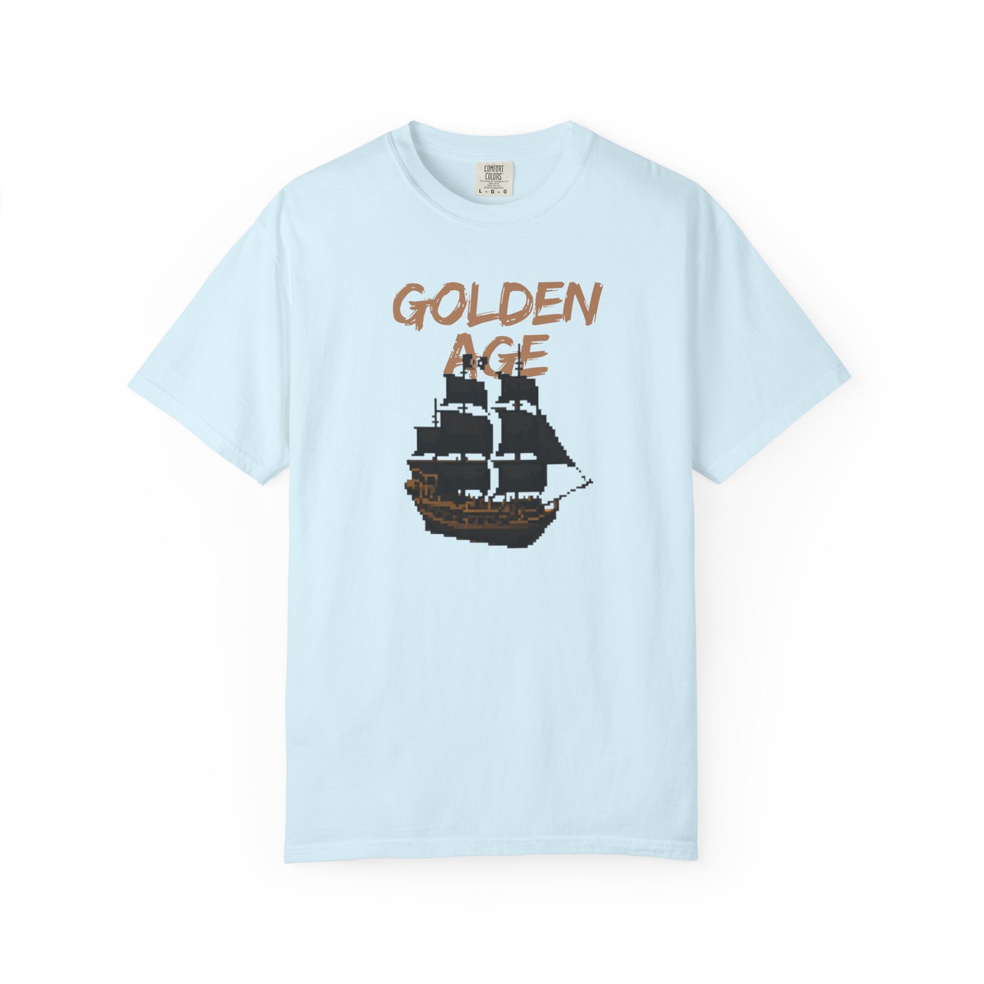 16 bit gaming shirt with pixelated galleon design and golden age distressed print
