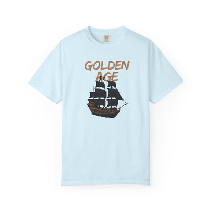 16 bit gaming shirt with pixelated galleon design and golden age distressed print
