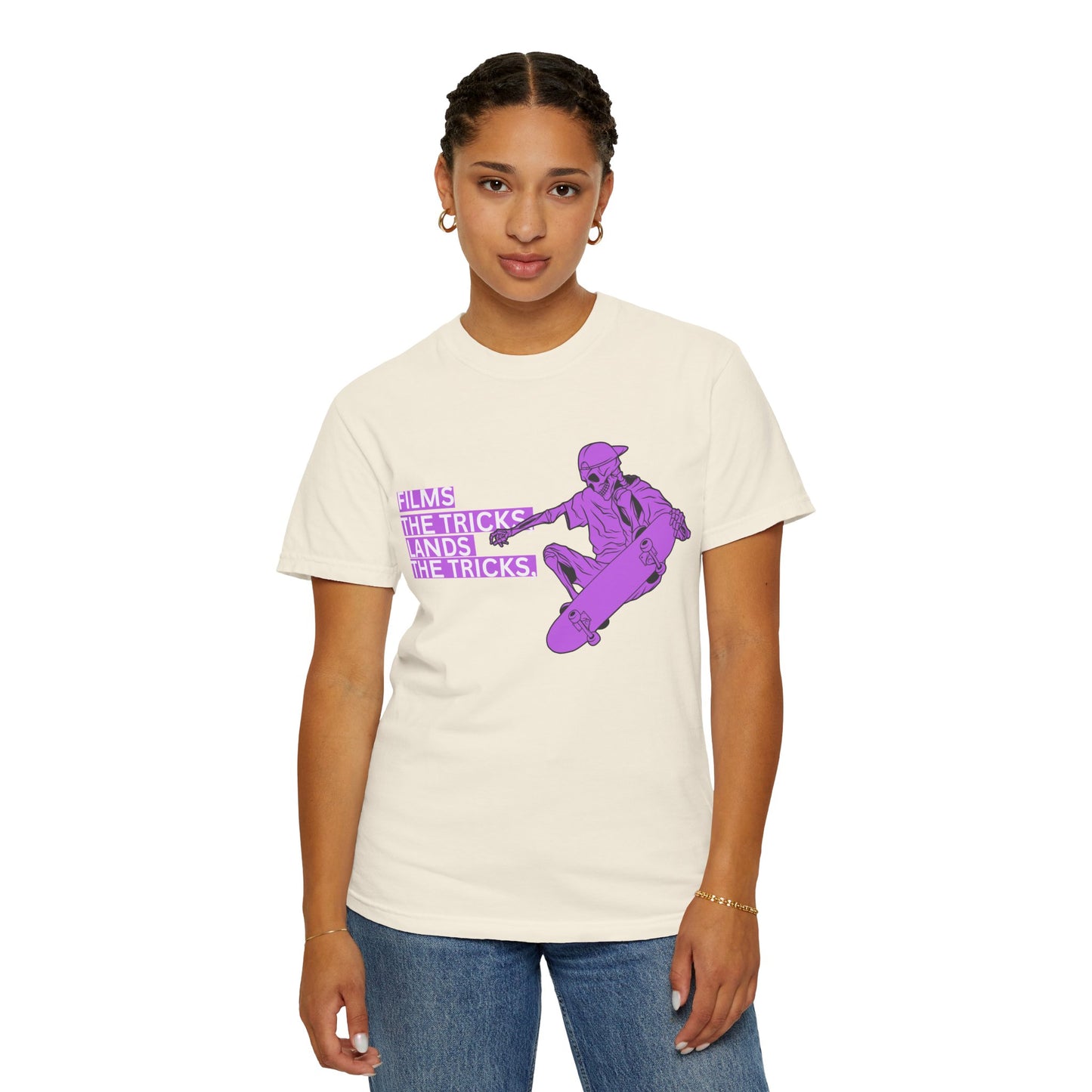 Skateboarder Graphic T‑Shirt – "Films, The Tricks" Retro Purple Skate Tee