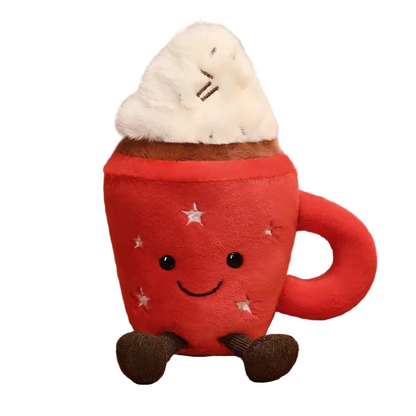 18cm hot chocolate plush toy on white background showing full cup and cream design