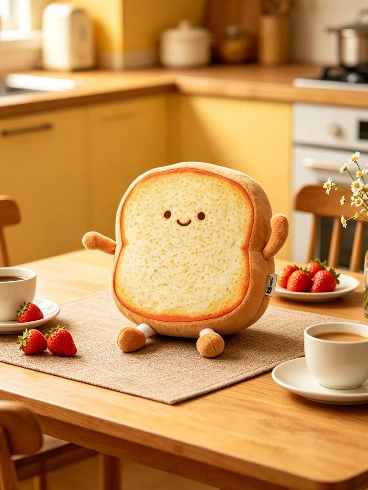 22cm toast stuffed animal sitting upright on a wooden bookshelf