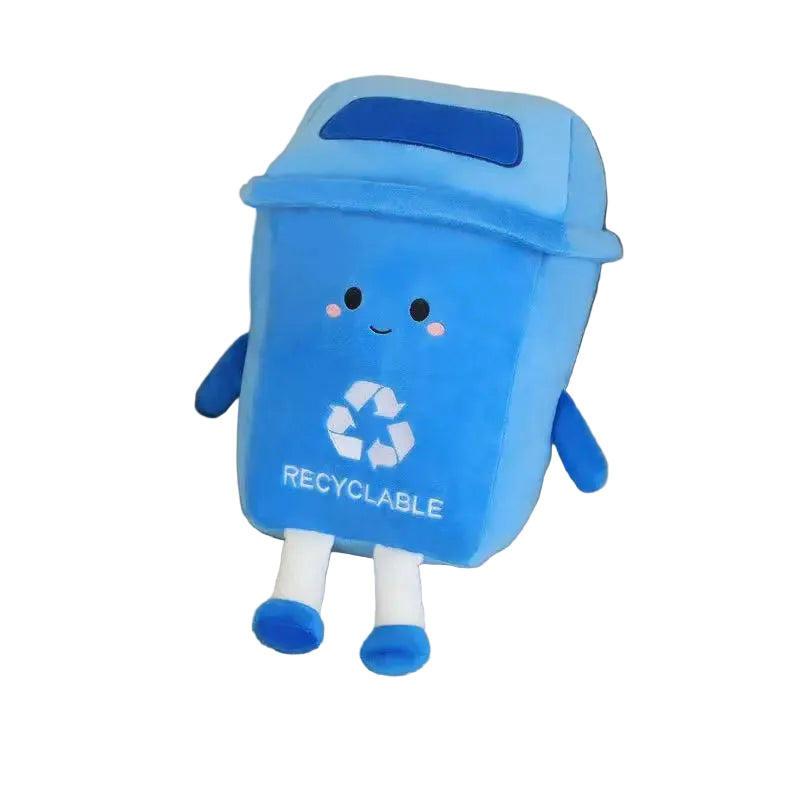 30cm kawaii blue recycle bin plush displayed on a wooden desk setup