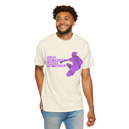 Skateboarder Graphic T‑Shirt – "Films, The Tricks" Retro Purple Skate Tee