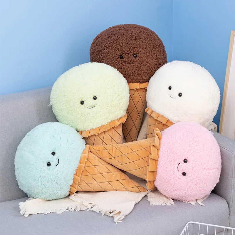 46cm kawaii ice cream cone plush toy in strawberry pink bouclé fleece with smiling face