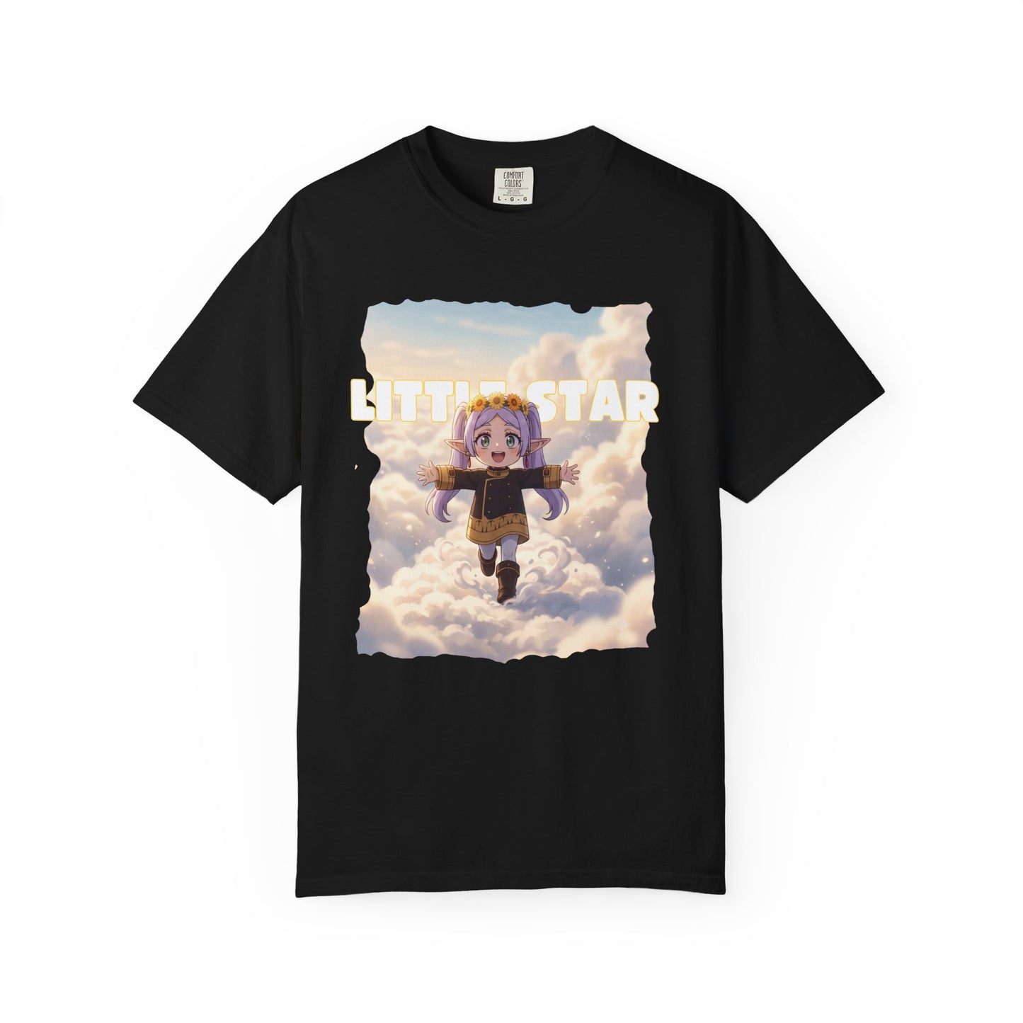 Soft ring-spun cotton tee with cloudscape and floating figure