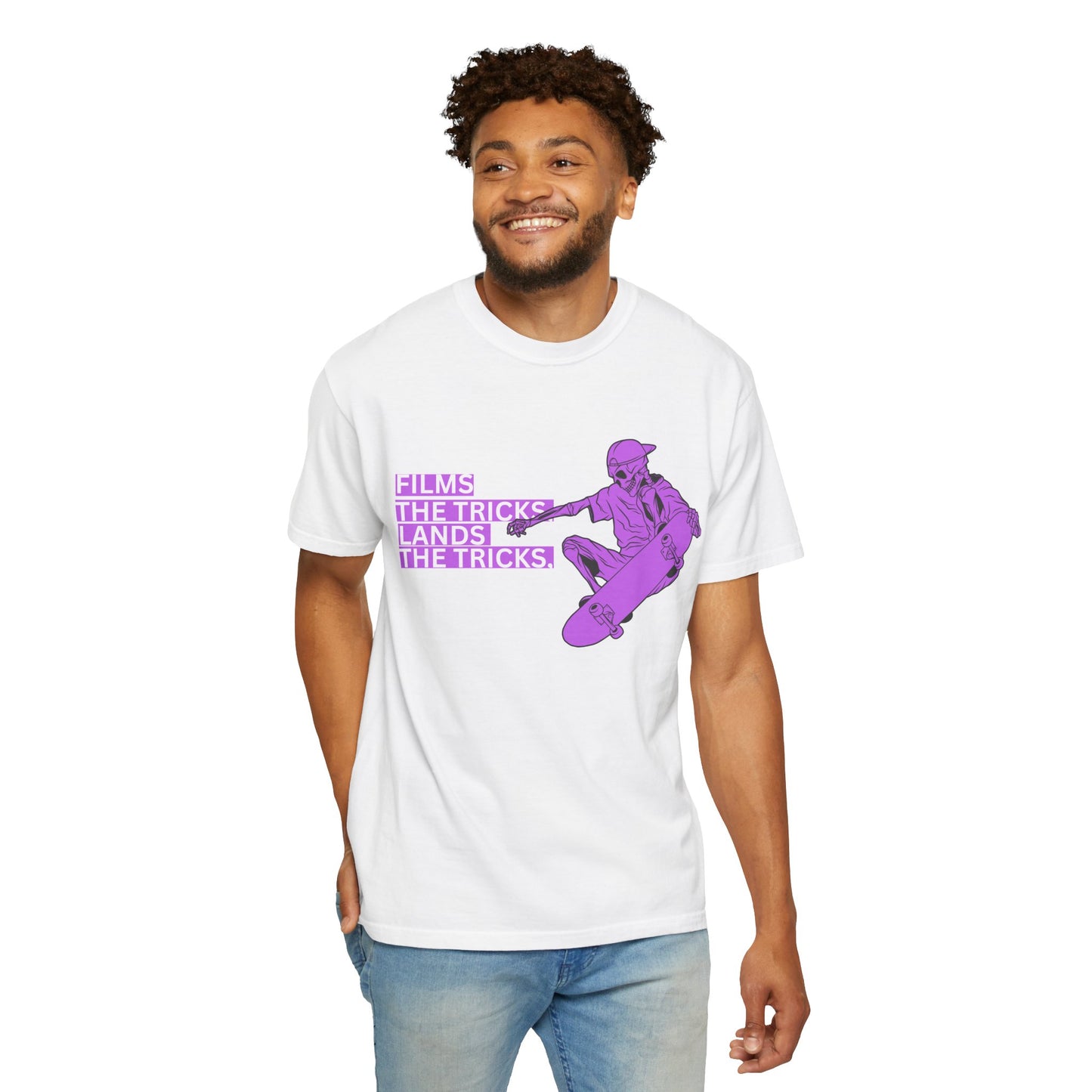 Skateboarder Graphic T‑Shirt – "Films, The Tricks" Retro Purple Skate Tee