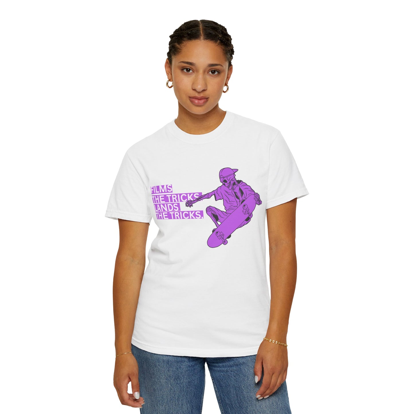 Skateboarder Graphic T‑Shirt – "Films, The Tricks" Retro Purple Skate Tee
