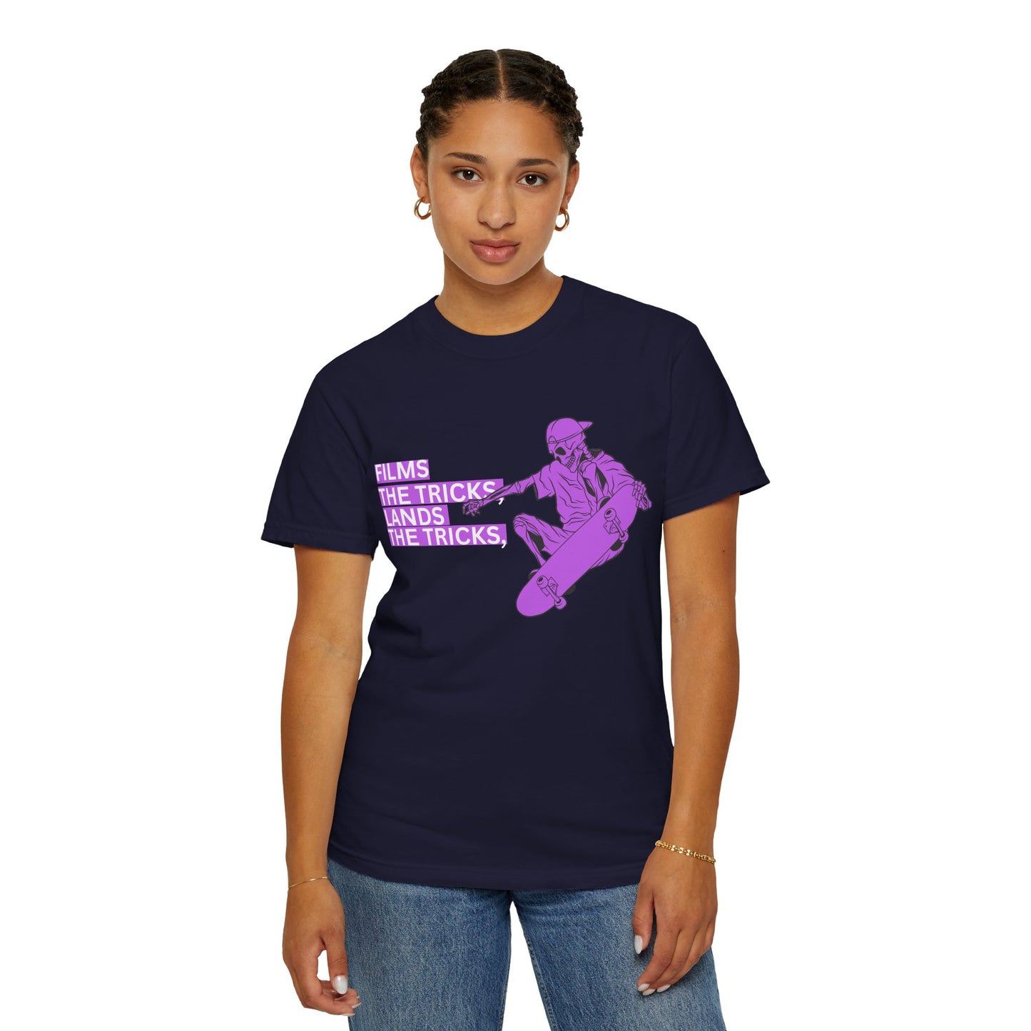 Skateboarder Graphic T‑Shirt – "Films, The Tricks" Retro Purple Skate Tee