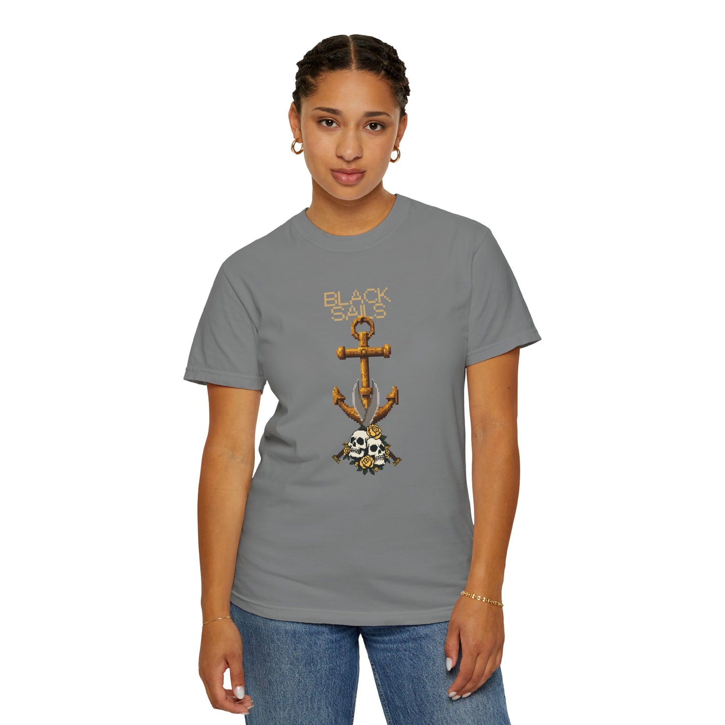 8-bit anchor tee overhead flat lay on wooden surface with rope accent props
