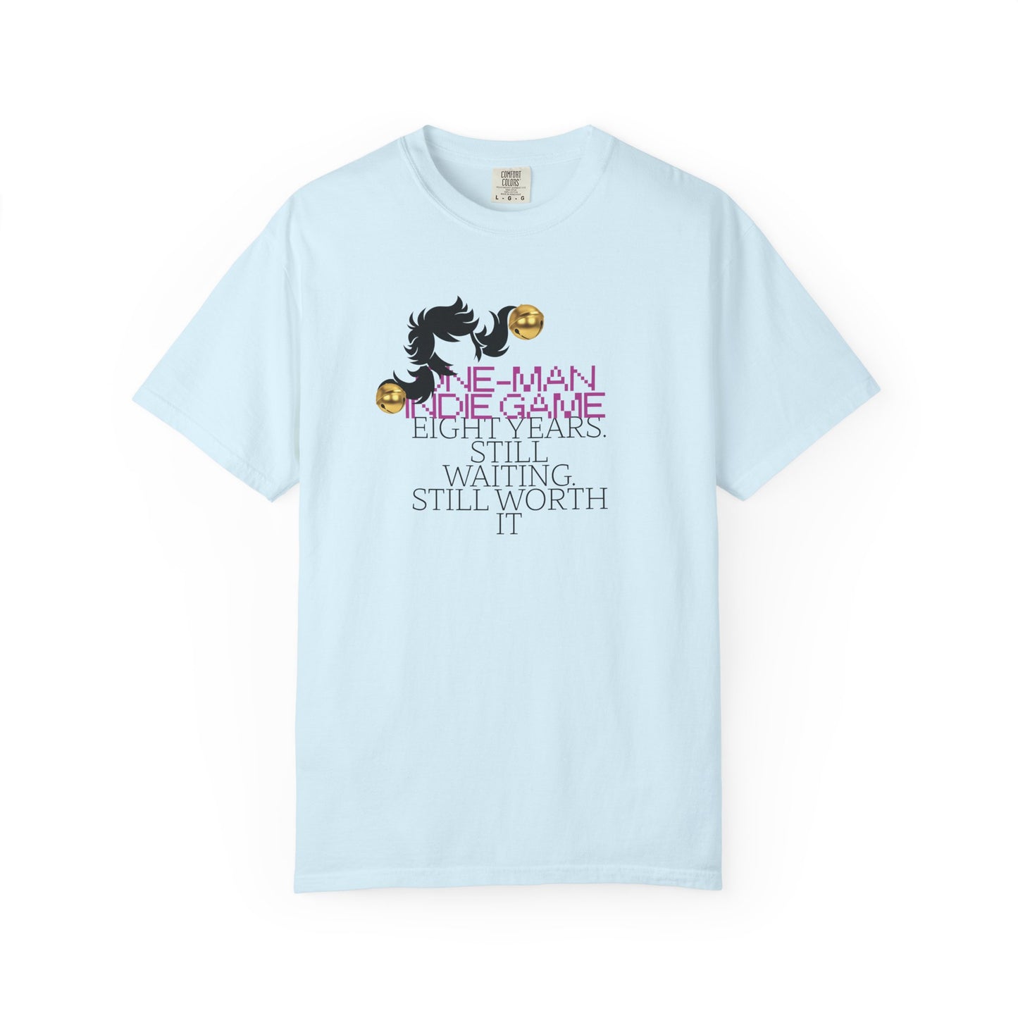 8-bit graphic tee back view showing tubular no-side-seam knit
