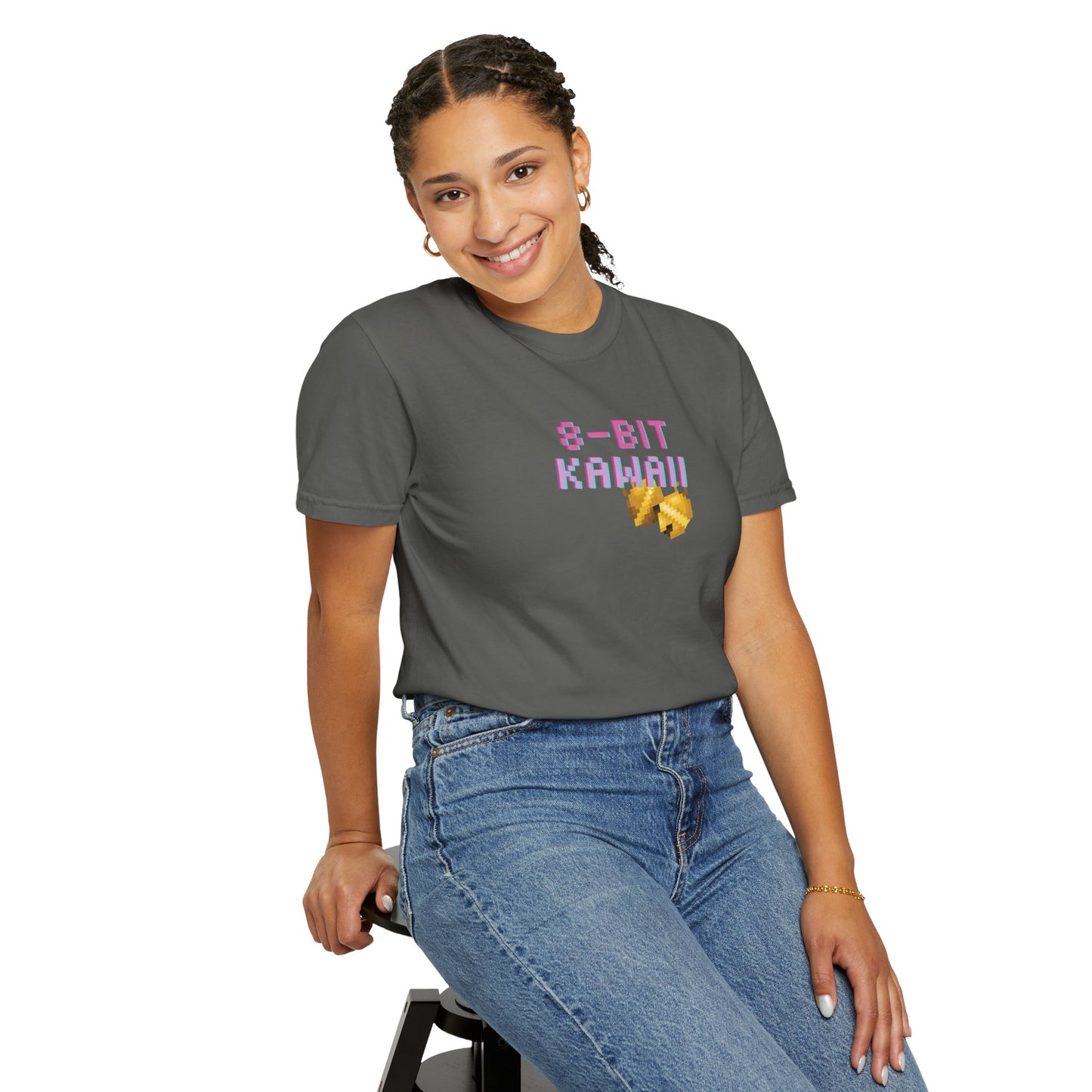 8-bit kawaii tee sleeve and hem detail on premium cotton
