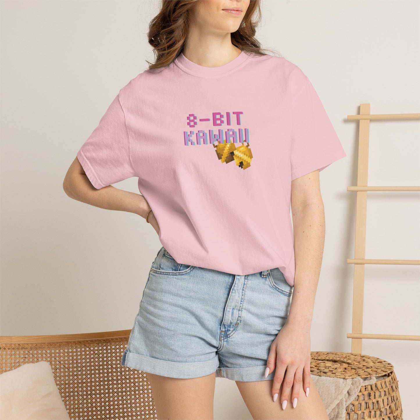 8-bit kawaii tee worn by gamer at desk with retro setup
