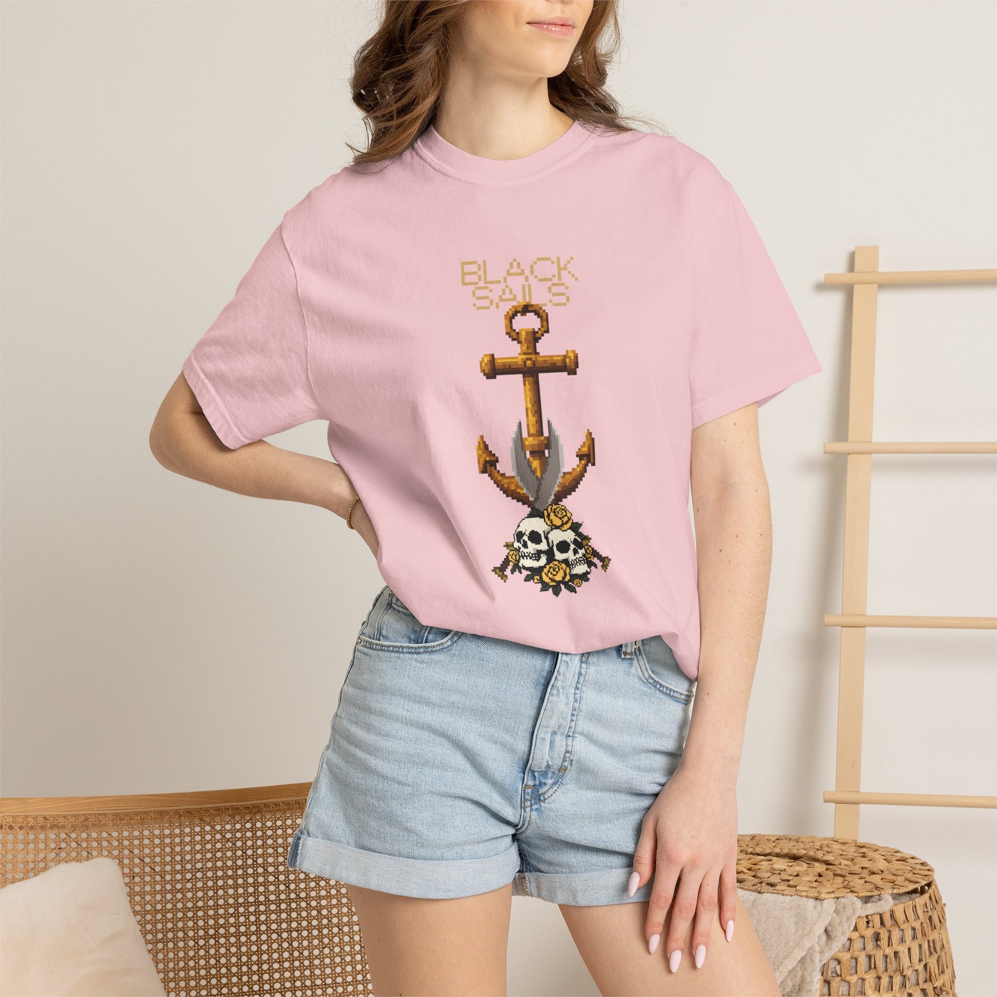 8-bit rose and skull tee side angle worn untucked showing length at size M
