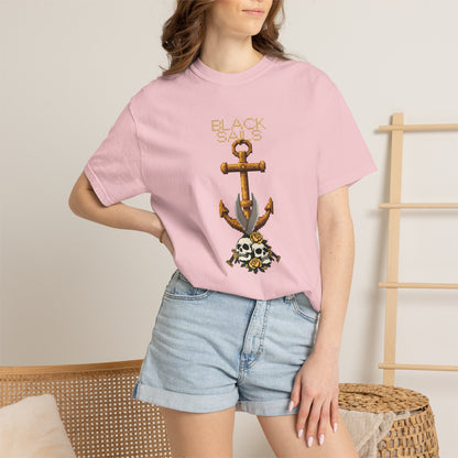 8-bit rose and skull tee side angle worn untucked showing length at size M
