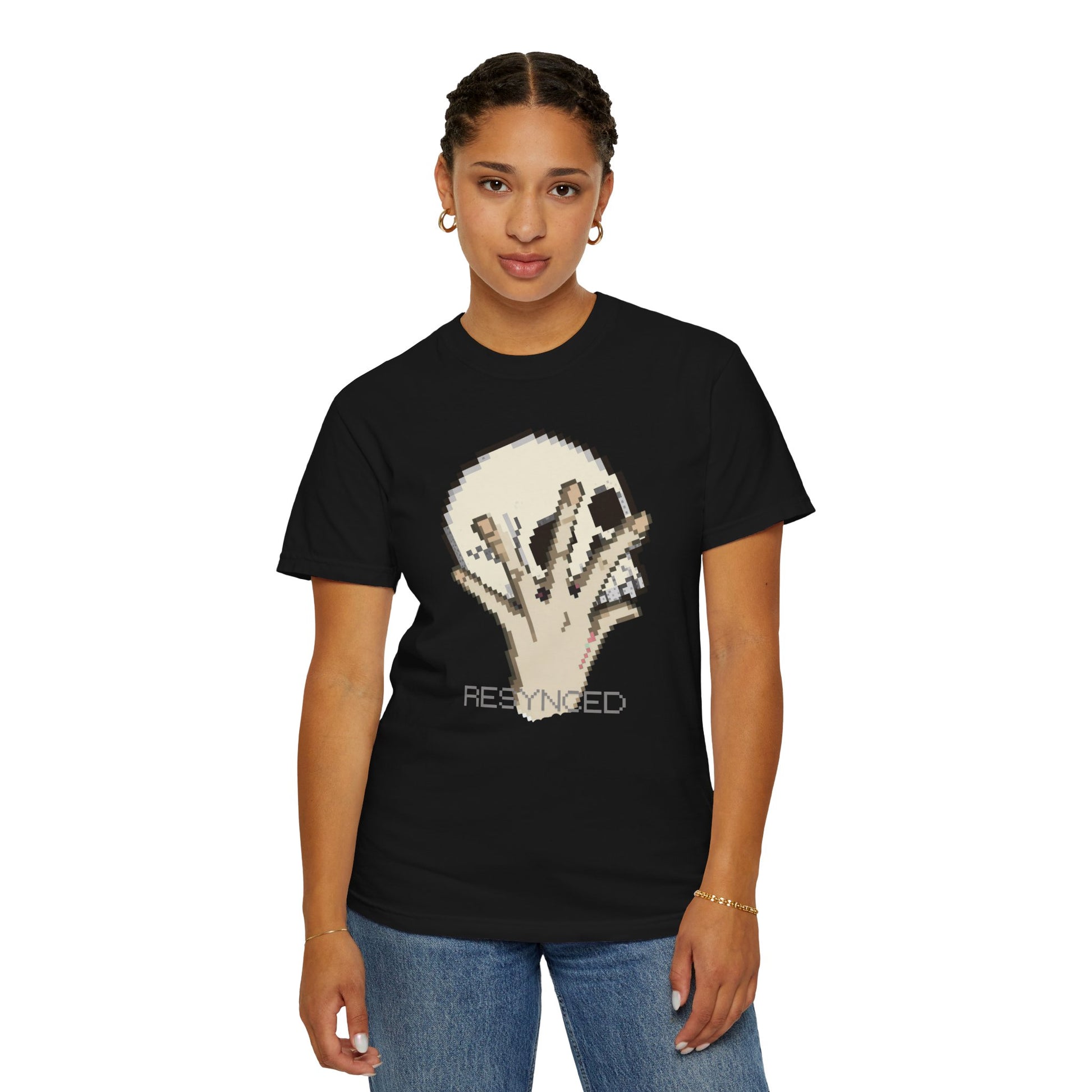 8-bit skull graphic tee cream colorway garment-dyed texture detail
