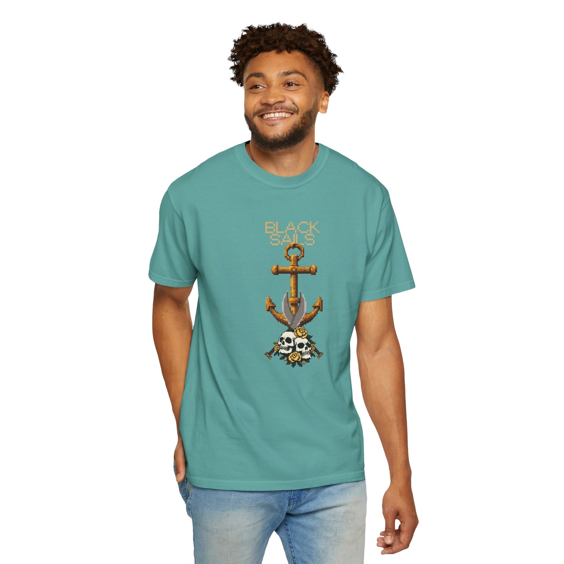 8-bit skull rose tee flat lay styled with sunglasses and chain accessories
