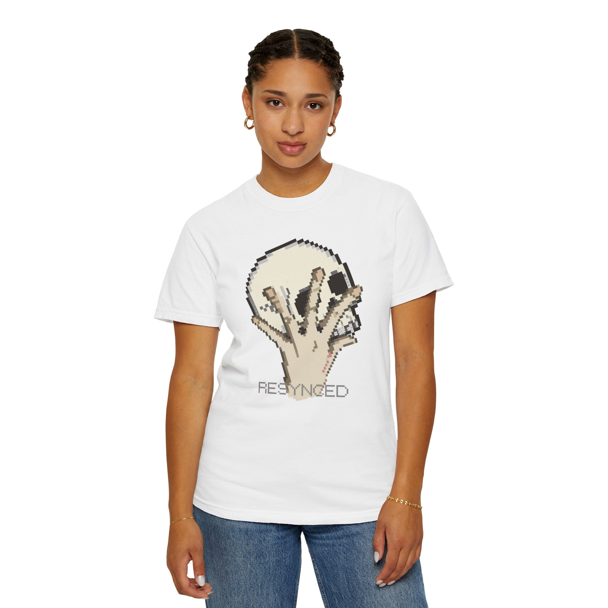 8-bit skull streetwear shirt neutral cream tones pixel art aesthetic
